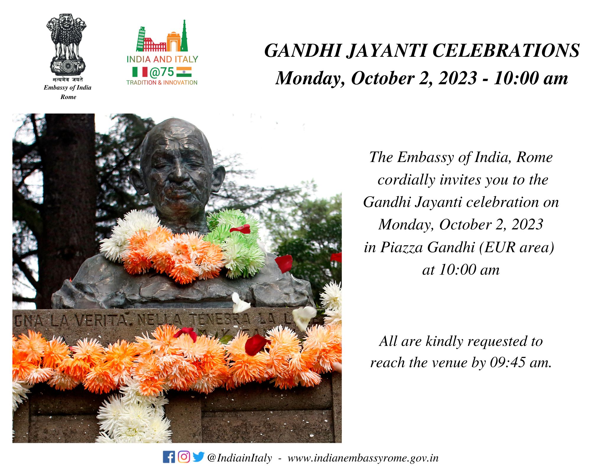 Celebration of Gandhi Jayanti (October 2, 2023 - Piazza Gandhi, Rome)